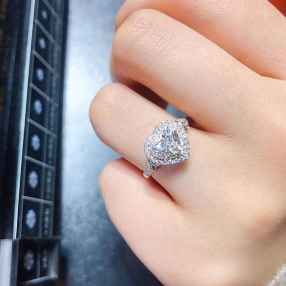 😍Diamond Heart CZ Shiny 14k White Gold Luxury Macro Pave Ring for Women, K852